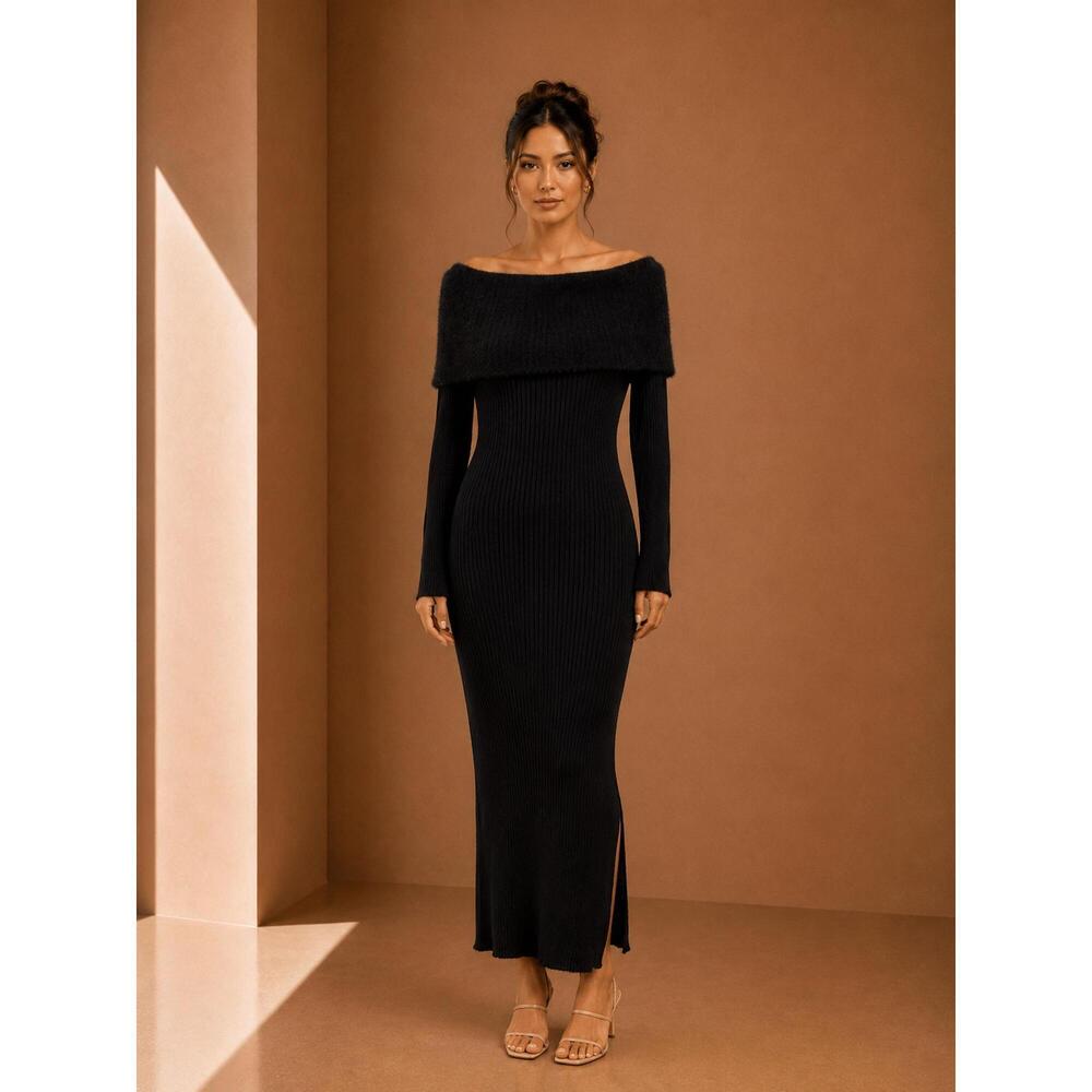 NEW MARIA PAVAN bardot off-the-shoulder maxi dress in black